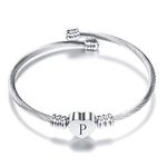 KunBead Jewelry Women Girls Sister Initial Letter P Cuff Bracelet Silver Alphabet Heart Bangle Bracelets Gift for Birthday