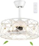 Caged Ceiling Fan with Light White,18" Modern Farmhouse Ceiling Fan with Lights and Remote, Flush Mount Enclosed Ceiling Fans with Lights Retro Ceiling Fans for Bedroom with Lights (No Bulb)