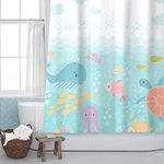 Sunlit Lovely Cartoon Baby Shower Curtain, Sea Creatures Light Blue Fabric Shower Curtain for Kids, Whale Turtle and Fish Ocean Theme Bathroom Decor Curtain for Children, Girls and Boys