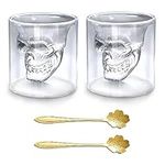 Xiuyer Skull Whiskey Glasses, 2 Pcs Halloween Skull Glasses Whiskey Vodka Crystal with 2 Spoons Double-Walled Wine Vodka Glass Cocktail Glass Coffee Water Wine Glasses Cool Drinking Glasses 250 ml