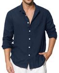 Enlision Mens Navy Blue Linen Shirts Long Sleeve Shirt Casual Cotton Henley Shirts Button-Down Beach Summer Shirt Solid Color with Pocket XL