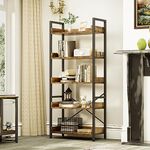 YITAHOME Bookcase 5 Tiers, Floor Standing Book Shelf, Wooden Shelf and Stable Steel Frame Shelving Units with 4 Hooks Industrial Storage Shelf for Living Room, Home Office, Rustic Brown Bookshelf