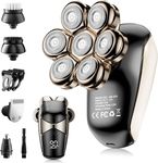 Men's Electric Bald Razor, ROSSIFUR 5 in 1 Bald Men's Head Shaver, IPX7 Waterproof with 7 Rotating Shaver Heads, Nose Hair Sideburn Trimmer, Type C Rechargeable Grooming Set