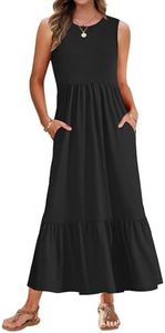 AUSELILY Vestido Largo Mujer Verano Cuello Redondo Vestido Casual Elegante Sin Mangas Vestidos Maxi Verano Playa con Bolsillos L Negro
