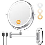 Auxmir 20X/1X Rechargeable Wall Mounted Makeup Mirror, 8" Double-Sided Magnifying Mirror with Light, 3200mAh Lighted Vanity Mirror with 3 Color Modes, Touch Dimmable, 360° Swivel Extended Arm, Chrome