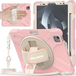 BRAECNstock Apple iPad Air 5th/4th Geneartion Case 10.9 inch,iPad Pro 11 inch Case,Shockproof Protective iPad Kids Cover with Screen Protector,Pencil Holder,Rotating Hand Strap+Stand,Sakura Pink