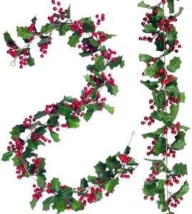 NoriStyle 2 Pack Christmas Garland Decorations, 11Ft Holly Leaves with Red Berry Garland for Christmas Tree Staircase Mantle Indoor Outdoor Holiday Decoration (Red)