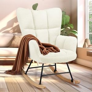Simple Deluxe Nursery Rocking Chairs, Teddy Upholstered Glider Recliner Rocking Chair with High Backrest Armchair, Comfy Reading Small Accent Side Chair for Nursing, Living Room, Bedroom, White