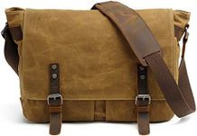 HuaChen Mens Waxed Canvas Messenger Bag Shoulder Satchel Leather Crossbody Bag for Laptop (M49_Khaki)