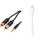 Amazon Basics 3.5mm to 2-Male RCA Adapter Audio Stereo Cable - 8 Feet, Black + Apple Lightning to 3.5 mm Headphone Jack Adapter