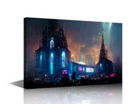 Wall Art Cyberpunk City Picture 1 Pieces Wall Decor for Bedroom Modern Neon Streetview Night Painting Cyberpunk Cathedral Black and White Wall Art Print on Canvas Framed Ready to Hang 24x16 in