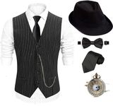 1920s Costume Accessories Set for Men - Fedora Hat,Gatsby Gangster Vest,Vintage Pocket Watch,Plastic Cigar,Pre Tied Bow Tie,Tie,XL