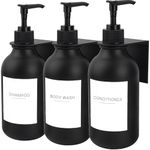 Pack of 3 Black 500ml Drill-Free Wall-Mounted Soap Lotion Pump Dispensers with 22 Labels and 3 Wall-Mounted Rack Bathroom Organization