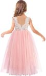 Flower Girl Dress Princess Sleeveless Floral Embroidered Kids Summer Wedding Pageant Birthday Tutu Tulle Dress, Pink White, 13-14 Years