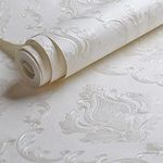 Aminah Deco Decorative Floral Wallpaper Non-Woven Cream White Damask Textured Wall Paper Home Decoration,20.8 in X 393.00 in…