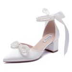 Block Heel Wedding Shoes for Bride Satin Pearl Bridal Heels Closed Toe Wedding Heels, White, 8.5