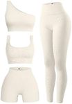 OQQ Women's 4 Piece Outfits Ribbed Exercise Scoop Neck Sports Bra One Shoulder Tops High Waist Shorts Leggings Active Set, Beige, Small