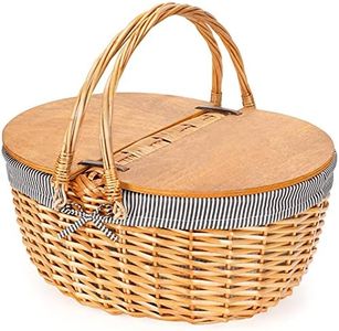 Wicker Picnic Basket with Liner, Wooden Split Lid Picnic Basket, Vintage-Style Picnic Hamper with Folding Woven Handle for Picnic, Camping, Outdoor, Valentine Day, Thanks Giving, Birthday (Grey)