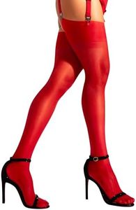 sofsy Femme Bas pour Porte-Jarretelles Bas Fins pour Porte-Jarretelles Bas Nylon 15 Den (Porte-Jarretelles non inclus) Rouge - XXL
