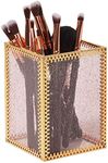 Glamlily Gold Makeup Brush Holder for Vanity, Vintage Brass Frame and Pink Glass Storage Organizer