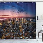 Ambesonne NYC Shower Curtain, Manhattan at Sunset Metropolitan Modern Urban Life Downtown Roofs State Structure, Cloth Fabric Bathroom Decor Set with Hooks, 69" W x 70" L, Blue Grey