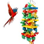 MQUPIN Chewing Large Parrot Toys,Bird Toys for Cockatoos African Grey Macaws and Amazon Parrots, Multicolored Natural Wooden Block Toy for Climbing, Chewing, Unraveling and Preening(21.3" X 5.1")