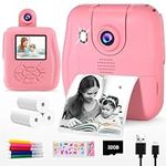 GKTZ Kids Camera Instant Print - 1080P HD Instant Print Photo - Christmas Birthday Gifts for Age 3-8 Girls Boys - Portable Toy with 3 Rolls Photo Paper, 5 Color Pens, 32GB Card - Pink