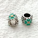 Beading Station 10pcs Antique Silver Large Hole UV Gel Polished Flower Metal Beads with Rhinestone Fit All Major Brands Charm Bracelets (Green)