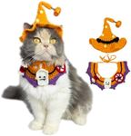 MITOCAPY Dog Halloween Outfit-Cute Ghost Bib & Pumpkin Witch Hat for Cats and Small to Medium Dogs, Adjustable and Breathable Halloween-Themed Pet Apparel,Includes Pet Hats and Bibs,Cat Witch Costume