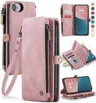 Defencase Wallet Case Compatible with iPhone SE/7/8 with Rfid Blocking Card Holder for Women Men, PU Leather Magnetic Snap Flip Strap Zipper Phone Case Suitable for iPhone SE 3rd Generation, Rose Pink