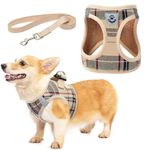 KOOLTAIL Dog Harness and Leash Set for Small Medium Dogs, Step in No Pull Soft Mesh Dog Harness Comfort Padded Pet Vest, Adjustable Reflective Easy Walking Puppy Cats Harness Training, Plaid Beige M