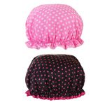 Belegao 2pcs Bath Caps with Elastic Band - Double Layers Shower Cap Waterproof Oilproof Ruffled Covering Ears 27cm Width Bath Cap Elastic Band Reusasble for Adults and Kids(Dots, Black/Pink)