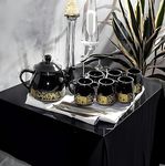 Shilpcart Hand-Painted 'Elephant Motif' Ceramic Tea Kettle Set with 6 Coffee Cups and 1 Tea Pot Kettle - Microwave Safe, Ideal for Home & Office Gifts (Black)