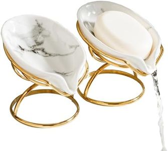 Dobbyby Leaf-Shaped Soap Dish – Ceramic Soap Bar Holder with Self-Drainage System – Bar Soap Holder for Shower, Bathroom Sink, Kitchen – Soap Dish with Stainless Steel Stand (White-Gold-2 Pack)