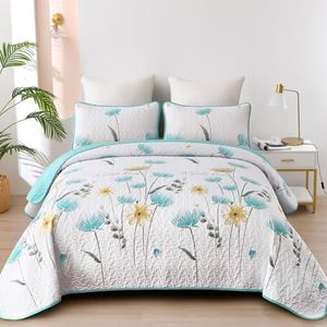 Dinjoy Floral Quilt Set Queen,Aqua Bedspread Queen Size 3 Pieces Lightweight Farmhouse Bedding Set Summer Quilts Soft Flower Bedspreads White Coverlet Sets for All Season