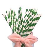 Biodegradable Green Paper Straw, Green and White Striped Drinking Straws Paper Cake Pop Sticks (Green, Pack of 100)