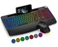 BlueFinger Wireless Keyboard and Mouse Combo Backlit, 2.4G Rechargeable Ergonomic Gaming Keyboard with Wrist Rest, Phone Holder, Volume Knob, Silent Light Up Keyboard with Mouse for Computer Laptop