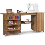 Giantex Folding Sewing Cabinet with 3 Storage Bins, Side Cabinet, Interior Shelf, Rolling Sewing Machine Cabinet Craft Station Desk with Lockable Wheels for Apartment Small Spaces, Light Brown