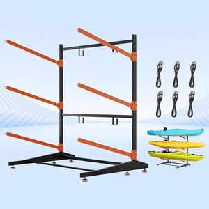 AlloyLake Kayak Storage Rack, Adjustable Outdoor Canoe Rack, Reinforced, Thickened, and Enhanced Rust Resistance, Holds 330 lbs, for Safe Dock and Outdoor Kayak Storage(3-Tier, Orange)