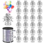 24 Pcs Silver Balloon Weights, Metallic Anchor Balloon Holder Heavy Table Weights and 1 Roll Shiny Ribbon Iridescent Crimped Ribbon for Birthday Wedding Halloween Christmas Decorations