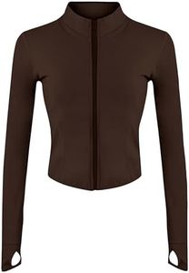 Lviefent Womens Lightweight Full Zip Running Track Jacket Workout Slim Fit Yoga Sportwear with Thumb Holes (Brown-S)