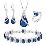 BriLove Wedding Bridal Jewelry Set, Teardrop Cubic Zirconia Crystal Pendant Necklace Leverback Earrings Tennis Bracelet Adjustable Ring Set Gift for Birthday Mother's Day Sapphire Color Silver-Tone