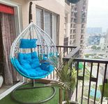 BRIGHT FURNITURE Single Seater Alloy Steel Swing Chair,Hanging Hammock Swing Chair/Jhula With Stand & Cushion For Indoor,Outdoor,Balcony,Home,Patio, Balcony, Garden(White & Firozi With Blue Cushion)