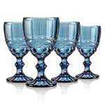 Joeyan 300ml Blue Vintage Glass Wine Goblet,Heavy Stemmed Wine Glasses Set of 4,Romantic Embossed Drinking Glasses for Easter Party Wedding Table Decoration, Dishwaher Safe