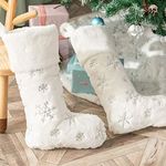 Deggodech 2Pcs Traditional Christmas Stockings White Faux Fur Large 22inch Hanging Xmas Stockings Personalised with Silver Snowflake for Christmas Fireplace Decorations Socks (Silver, 56CM)