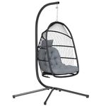 Outsunny Hanging Egg Chair with Stand, Foldable Wicker Egg Swing Chair with UV Resistant Cushion, Headrest, Indoor Outdoor Hammock Chair, 330 lbs Capacity, Dark Grey