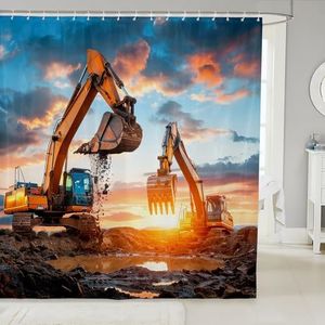 Feelyou Boys Car Bath Curtain Excavator Truck Shower Curtain for Kids Children Men Construction Vehicles Print Bathroom Shower Curtain Set Soft Heavy Machinery Cars Decor Waterproof 72"x84"