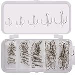 ANCLLO 50pcs Fishing Treble Hooks Kit - High Carbon Steel Hooks Strong Sharp Round Bend Treble Fishing Hooks for Hard Bait Lures Saltwater Freshwater Fishing Silver