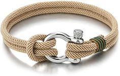 COOLSTEELANDBEYOND Mens Women Steel Screw Anchor Shackles Nautical Sailor Beige Brown Rope Cord Wrap Bracelet Wristband