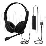 USB Headset with Microphone for PC Laptop, Adjustable Noise Cancelling Business Office Headsets, 2 M Length Headphones with In-Line Control